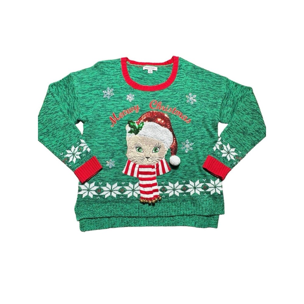 99 Jane Street‎ XL Christmas Knit Green Sweater Cat Appliqué Crew Neck #X9-4